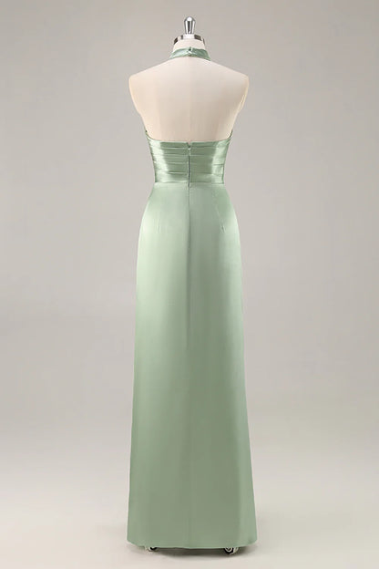 Sage Green Satin Halter Ruched Mermaid Long Bridesmaid Dress with Slit