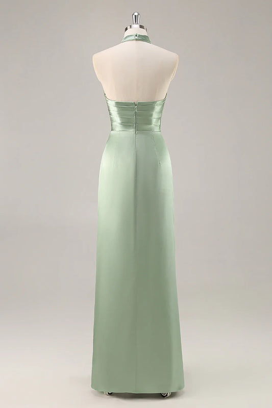 Sage Green Satin Halter Ruched Mermaid Long Bridesmaid Dress with Slit