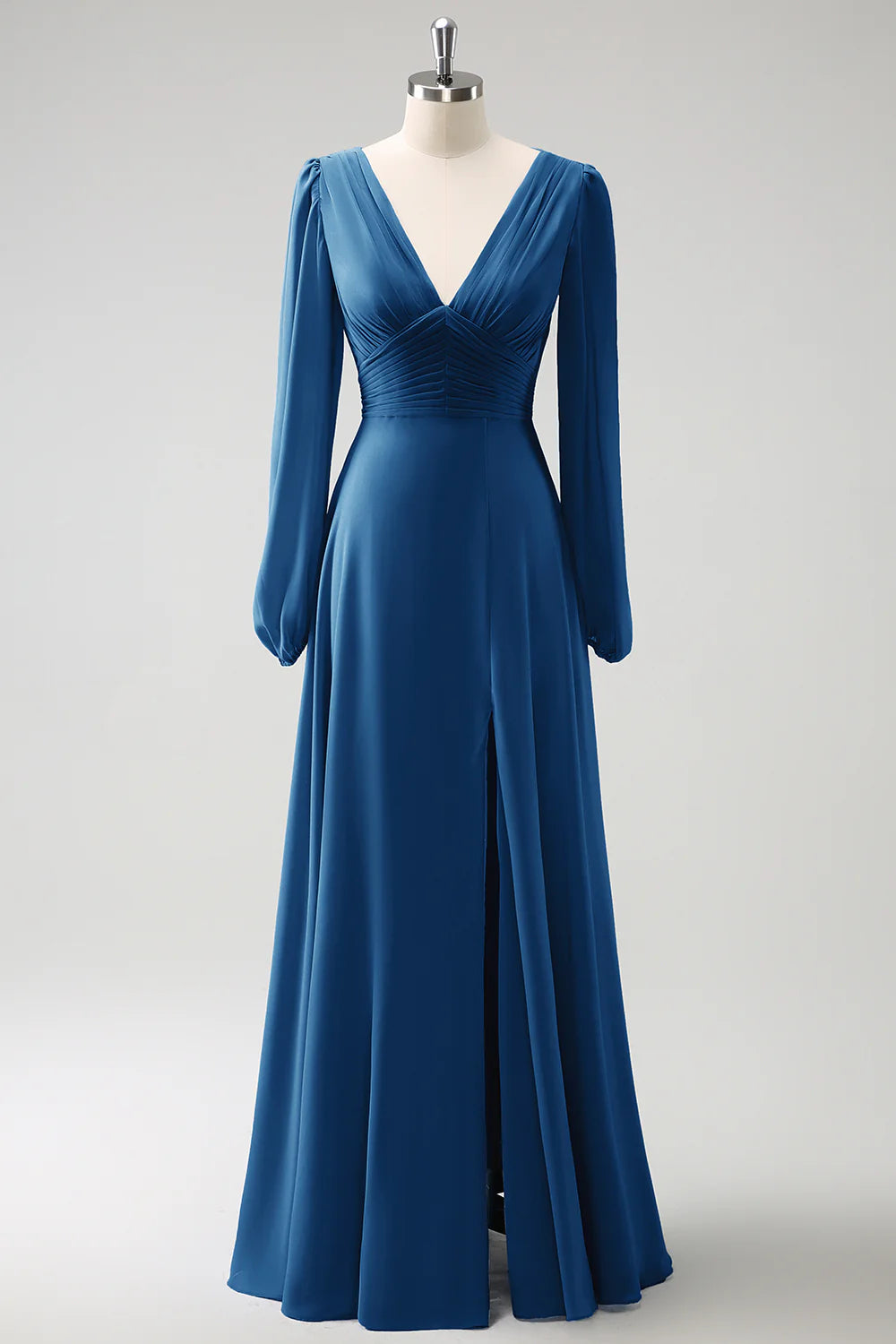 A Line Grey Blue V-Nack Chiffon Bridesmaid Dress With Long Sleeves