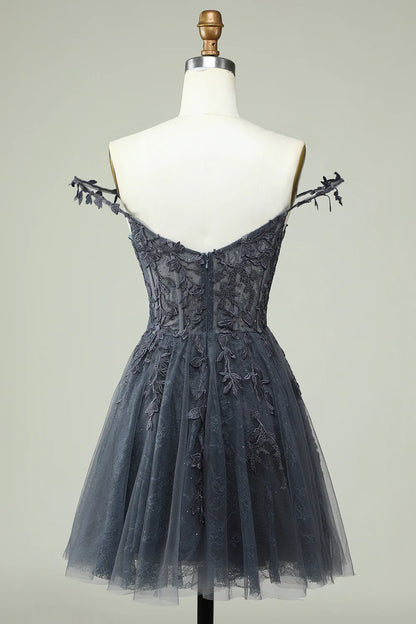 Navy Spaghetti Straps Short Homecoming Dress with Appliques