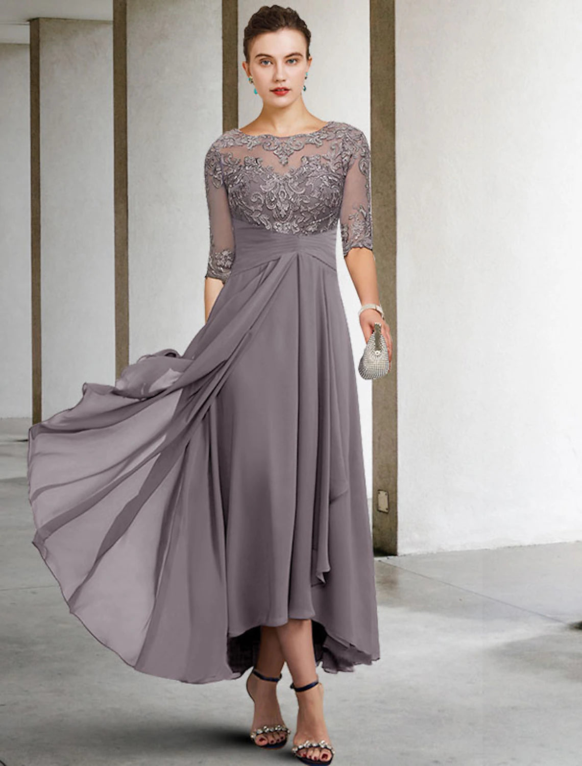 A-Line Mother of the Bride Dress Wedding Guest Elegant Plus Size High Low V Neck Asymmetrical Ankle Length Chiffon Lace Half Sleeve with Beading Appliques dress