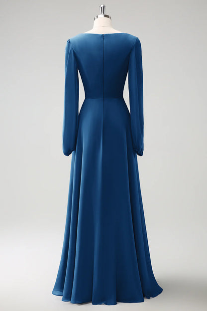 A Line Grey Blue V-Nack Chiffon Bridesmaid Dress With Long Sleeves