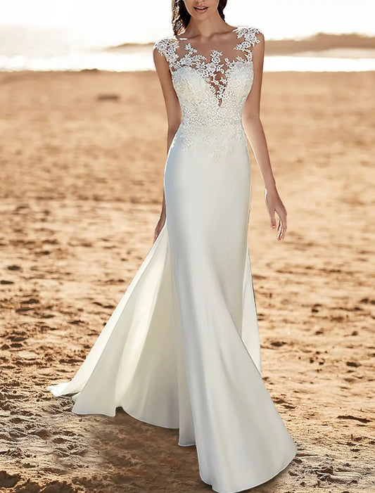 Beach Open Back Wedding Dresses Mermaid Illusion Neck Cap Sleeve Court Train Chiffon Bridal Gowns With Appliques