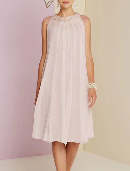 Sheath Mother of the Bride Dress Wedding Guest Elegant Jewel Neck Knee Length Chiffon Sleeveless with Pleats Beading