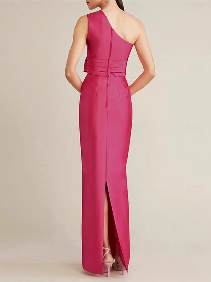 Sheath/Column Floor Length Sleeveless One Shoulder Wedding Guest Dresses Satin with Bow(s) Pocket