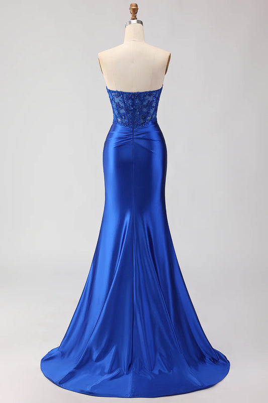 Sparkly Royal Blue Appliqued Mermaid Long Corset Prom Dress with Slit