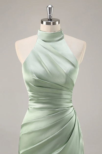 Sage Green Satin Halter Ruched Mermaid Long Bridesmaid Dress with Slit