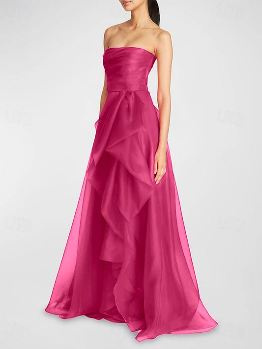 A-Line Evening Gown Celebrity Style Dress Formal Wedding Guest Floor Length Sleeveless One Shoulder Organza with Ruched Ruffles Slit