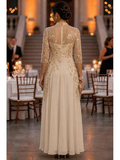 A-Line Ankle Length Mother of the Bride Dress 3/4 Length Sleeve V Neck Elegant Vintage Luxurious Formal Wedding Guest Wedding Party Chiffon Tulle with Beading Sequin Flower