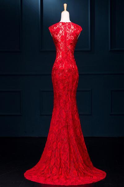 Red Party Dresses Lace Mermaid Slit Long Elegant Formal Gown