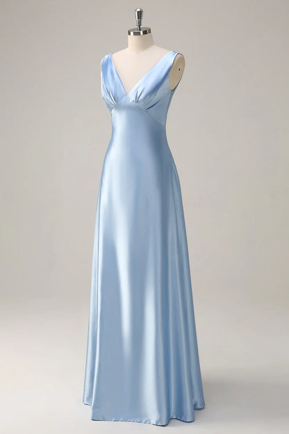 Sky Blue V-Neck A-Line Satin Long Bridesmaid Dress