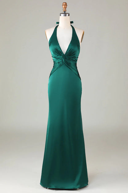 Dark Green Mermaid Halter Ruched Satin Long Bridesmaid Dress