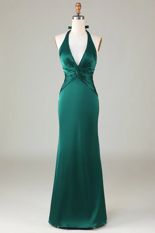 Dark Green Mermaid Halter Ruched Satin Long Bridesmaid Dress