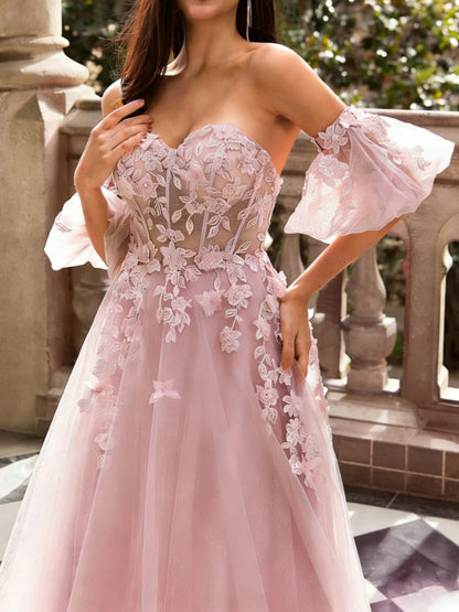 A-Line/Princess Tulle Sweetheart Prom Dresses Floor-Length Lace Convertible Short Sleeves Formal Dresses