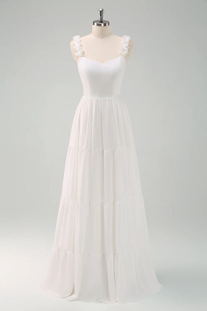 White A Line Ruffled Bride Dress with Bow