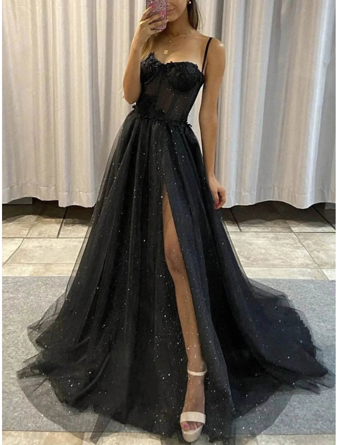 A-Line Prom Dresses Corsets Dress Wedding Floor Length Sleeveless Scoop Neck Tulle with Slit Masquerade Dress