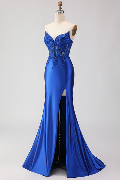 Sparkly Royal Blue Appliqued Mermaid Long Corset Prom Dress with Slit