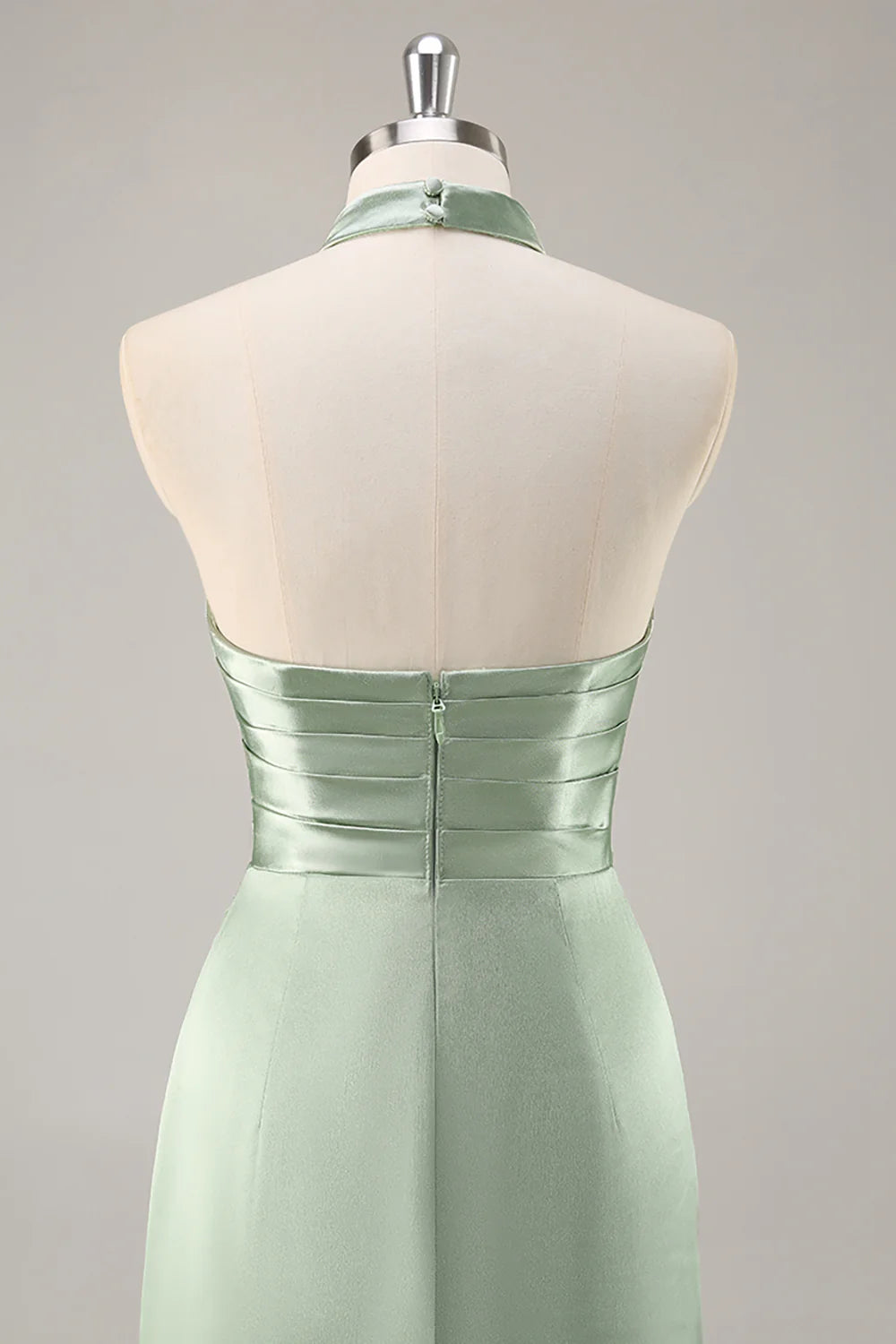 Sage Green Satin Halter Ruched Mermaid Long Bridesmaid Dress with Slit