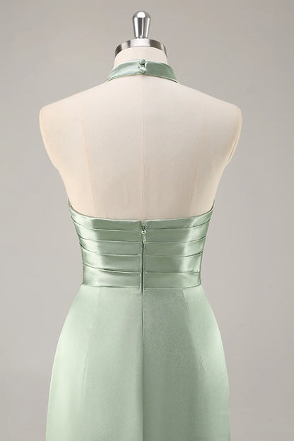 Sage Green Satin Halter Ruched Mermaid Long Bridesmaid Dress with Slit