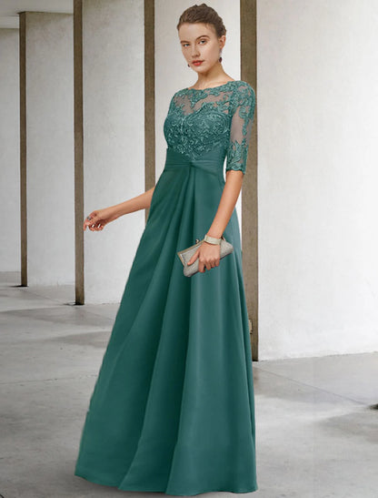 Sheath Mother of the Bride Dress Wedding Guest Elegant Plus Size Jewel Neck Floor Length Chiffon Lace Short Sleeve with Appliques Side-Draped Christmas Dress