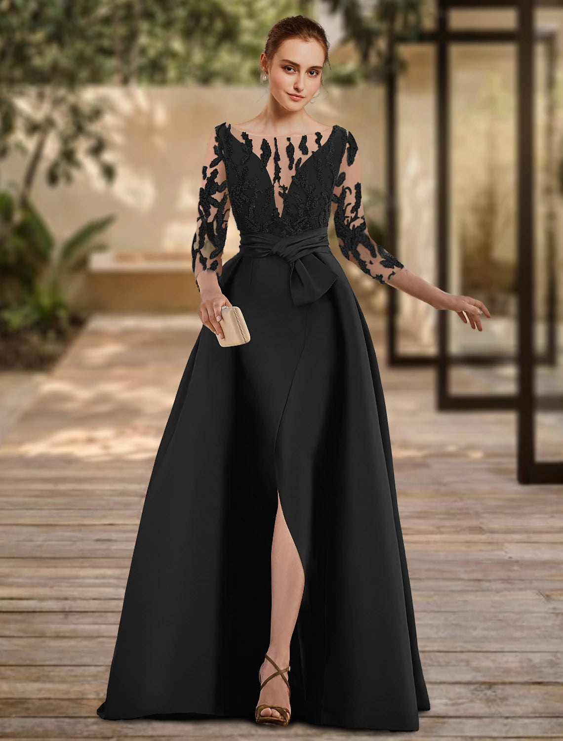 A-Line Evening Gown Open Back Dress Formal Wedding Guest Floor Length 3/4 Length Sleeve Scoop Neck Lace with Slit Strappy dress