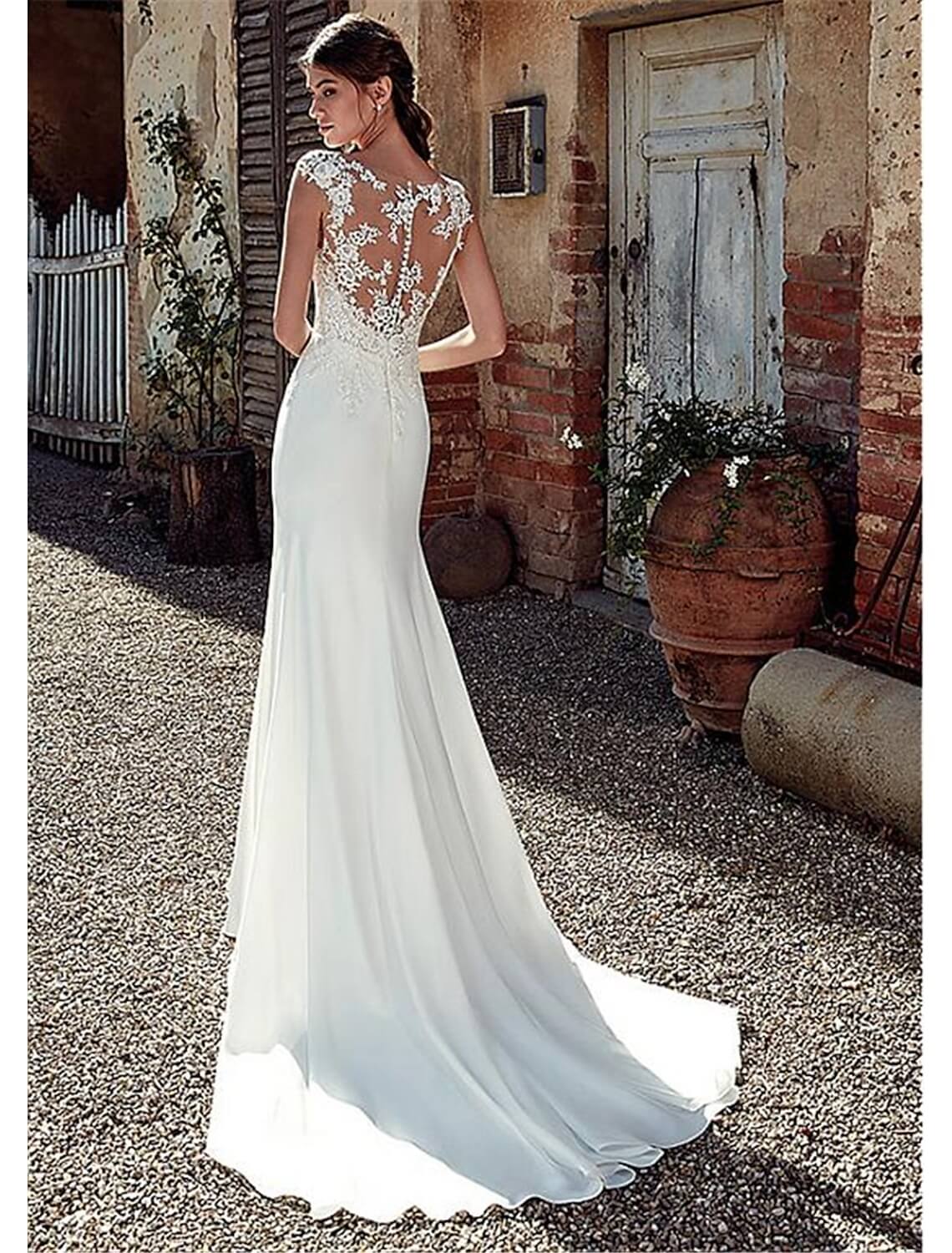 Beach Open Back Wedding Dresses Mermaid Illusion Neck Cap Sleeve Court Train Chiffon Bridal Gowns With Appliques