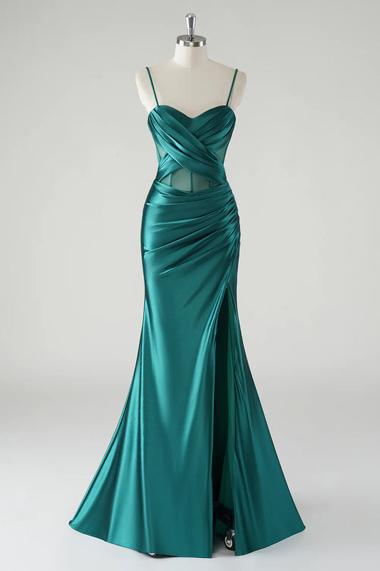 Dark Green Mermaid Satin Corset Prom Dress with Slit