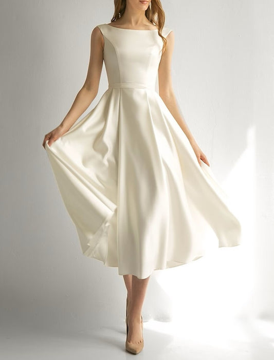 Bridal Shower Little White Dresses Wedding Dresses A-Line Scoop Neck Sleeveless Tea Length Satin Bridal Gowns With Solid Color