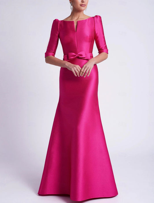 A-Line Evening Gown Elegant Dress Wedding Guest Floor Length 3/4 Length Sleeve V Neck Satin with Bow(s) dress