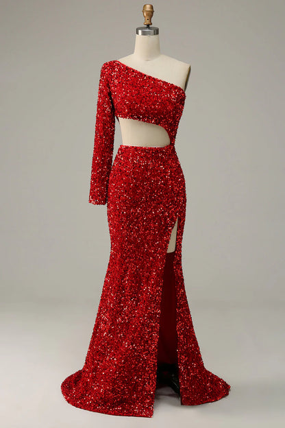 Mermaid One Shoulder Red Sequins Cut Out Prom Dress With Split Front