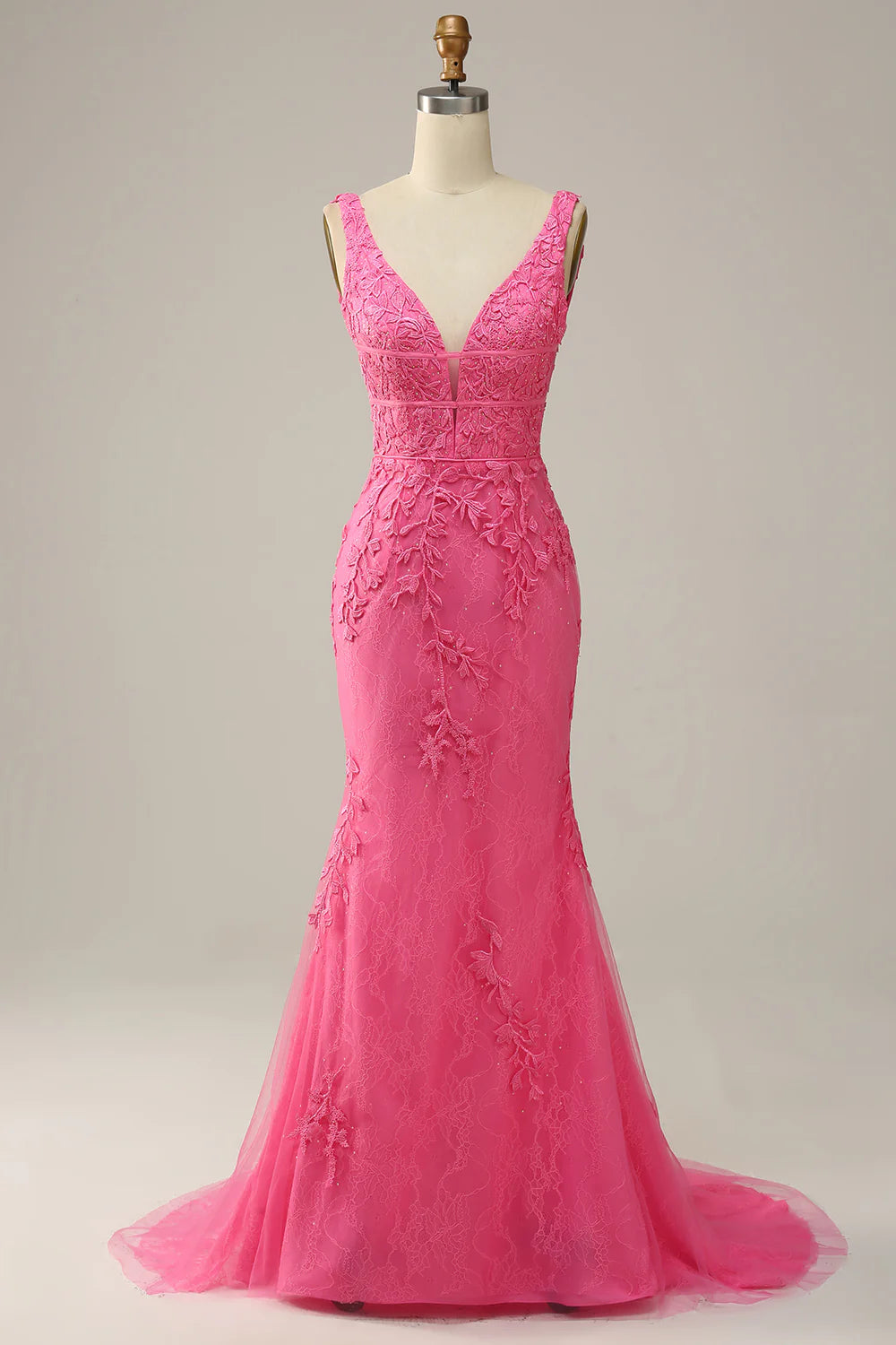 Mermaid Pink Deep V Neck Long Prom Dress With Appliques