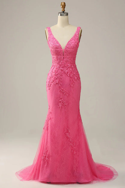 Mermaid Pink Deep V Neck Long Prom Dress With Appliques