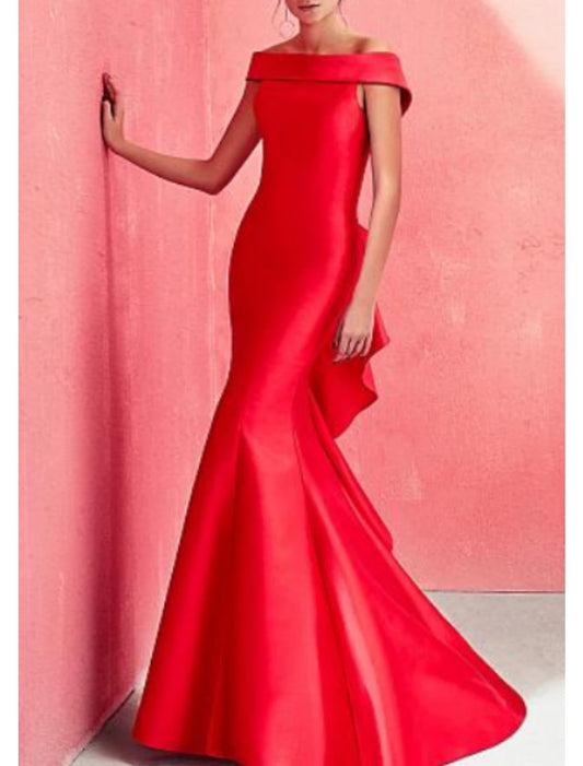 Mermaid Beautiful Back Red Green Dress Formal Evening Dress Off Shoulder Short Sleeve Floor Length Satin with Ruffles Draping dress