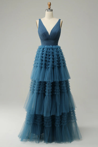 A Line V-Neck Blue Tiered Prom Dress