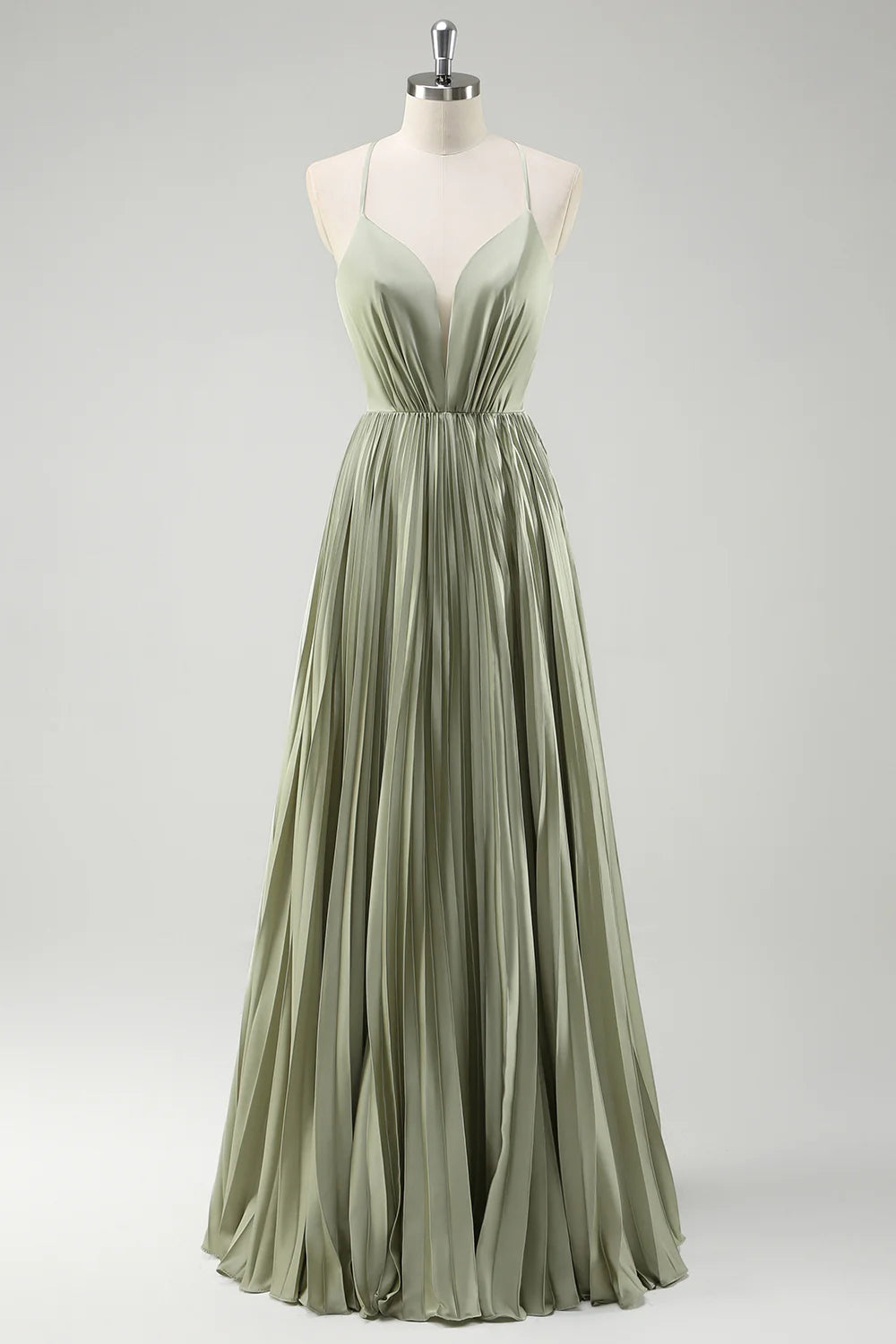 Green Pleated Spaghetti Straps Long Bridesmaid Dress