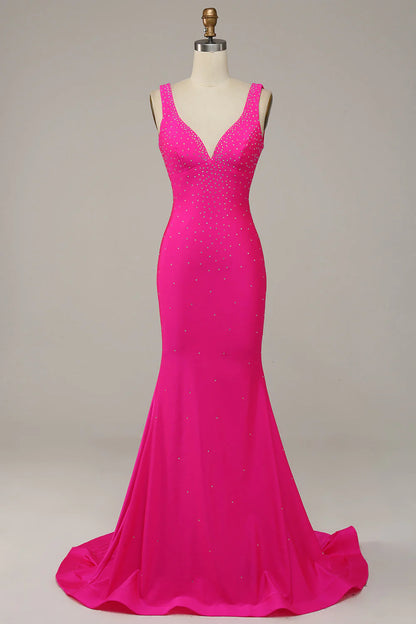 Fuchsia Mermaid V-Neck Beaded Prom Dress