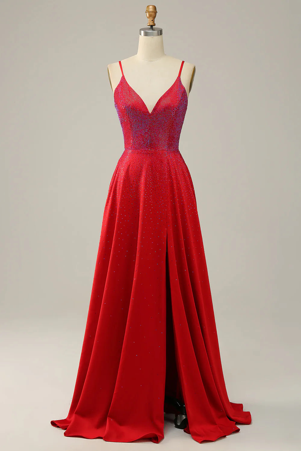 A Line Sparkly V Neck Red Backless Long Prom Dress