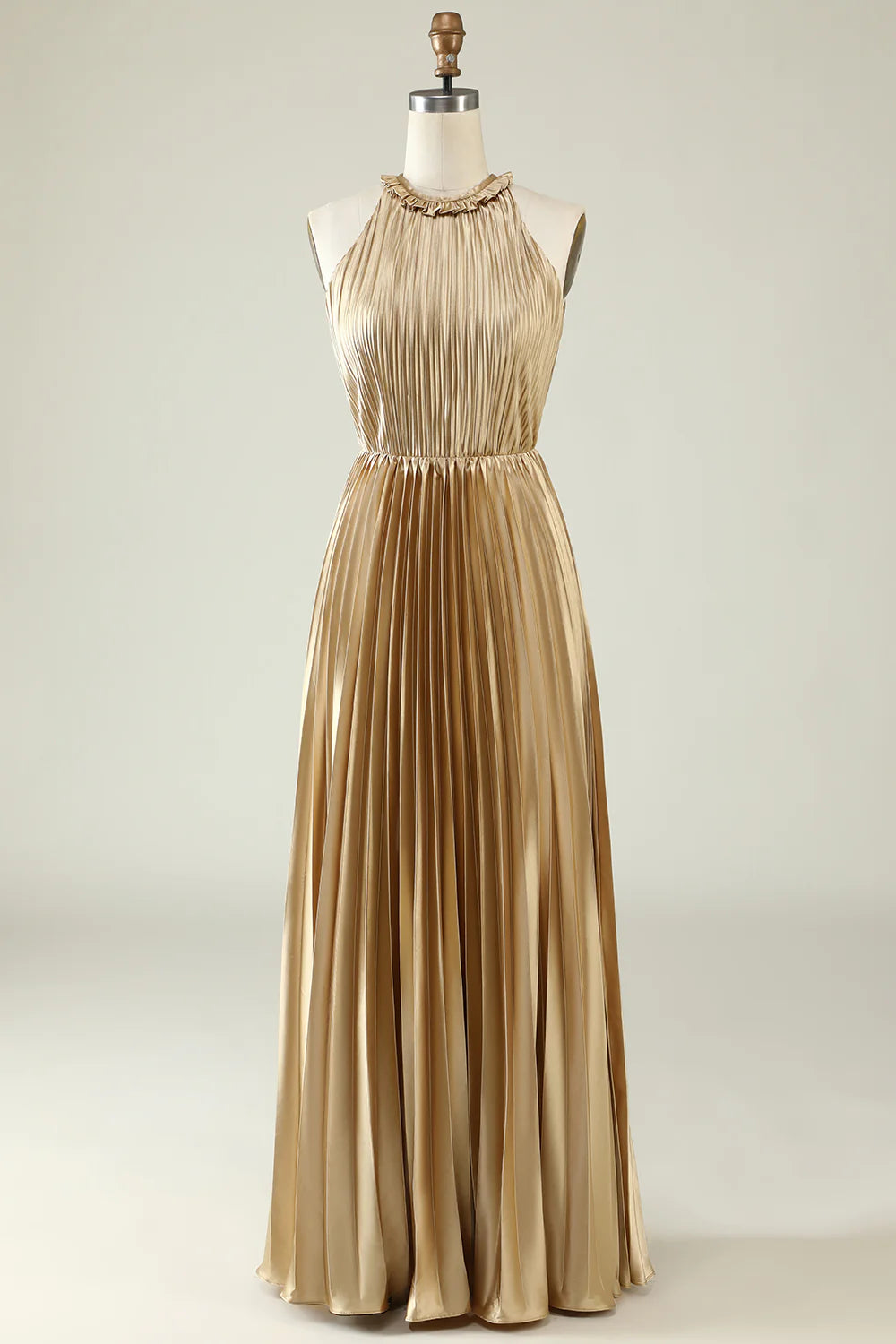 A Line Halter Light Yellow Pleated Long Bridesmaid Dress