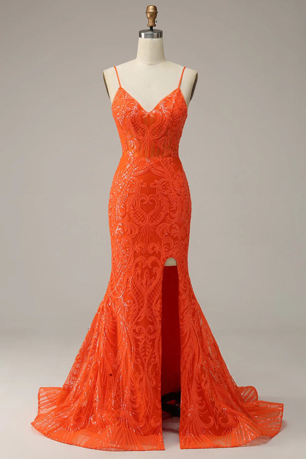 Mermaid Spaghetti Straps Orange Long Prom Dress With Split Front