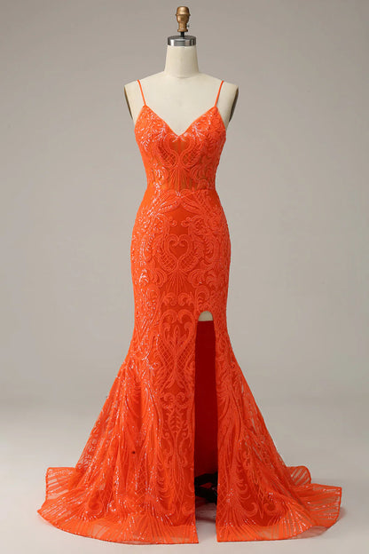 Mermaid Spaghetti Straps Orange Long Prom Dress With Split Front