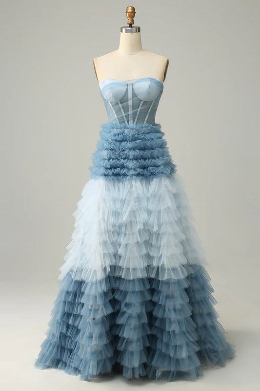 A Line Sweetheart Light Blue Tiered Prom Dress