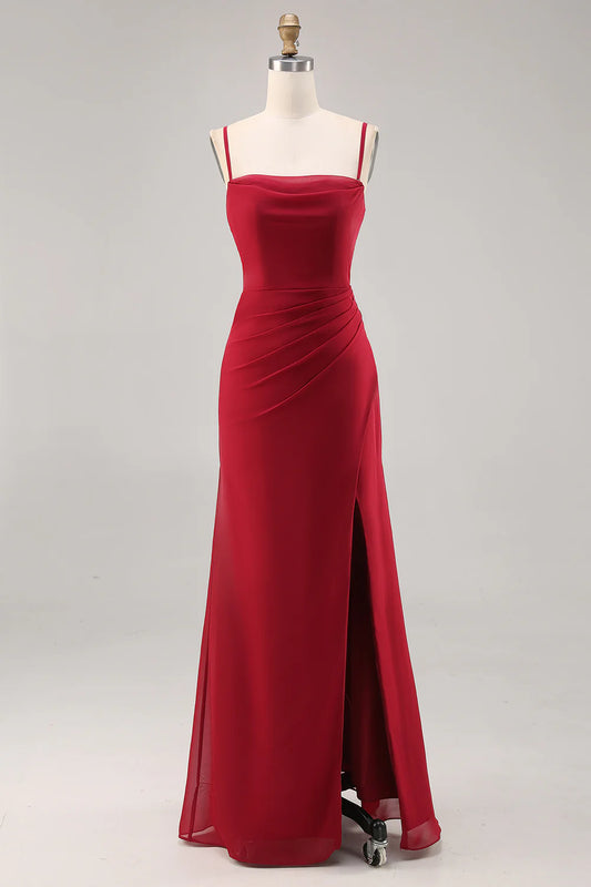 Dark Red Ruched Chiffon Mermaid Long Bridesmaid Dress with Slit
