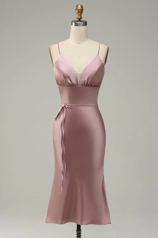 Spaghetti Straps Satin Grey Pink Prom Dress