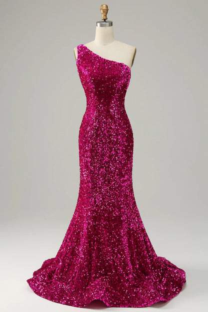 Mermaid One Shoulder Open Back Fuchsia Prom Dress