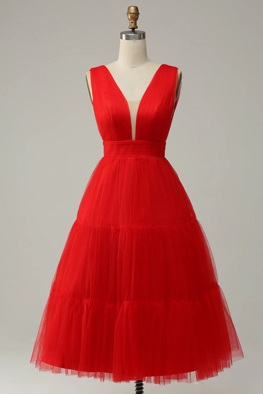 Red V-Neck Tulle Tea-Length Prom Dress