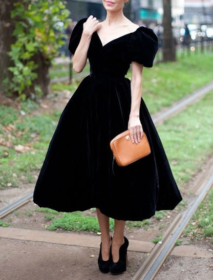 A-Line Cocktail Dresses Elegant Dress Formal Tea Length Short Sleeve V Neck Fall Wedding Guest Velvet with Ruffles