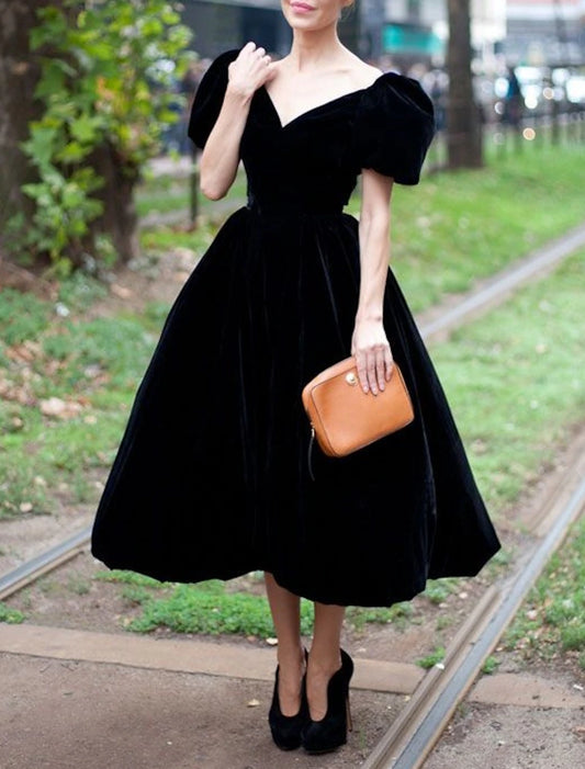 A-Line Cocktail Dresses Elegant Dress Formal Tea Length Short Sleeve V Neck Fall Wedding Guest Velvet with Ruffles