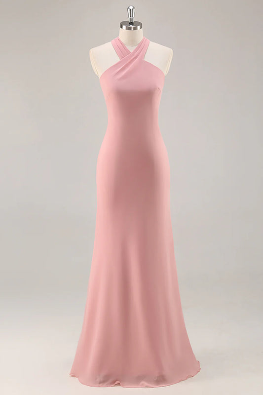 Blush Halter Chiffon Mermaid Long Bridesmaid Dress with Bow