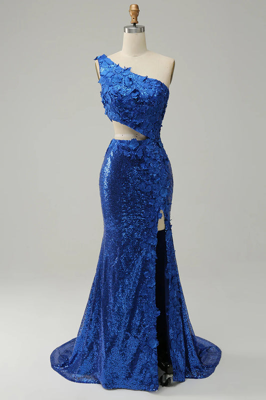 Royal Blue One Shoulder Sparkly Sequins Prom Dress With 3D Flowers