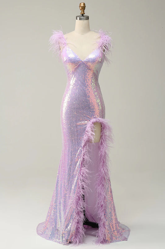 Sequins V-Neck Purple Prom Dress With Feathers
